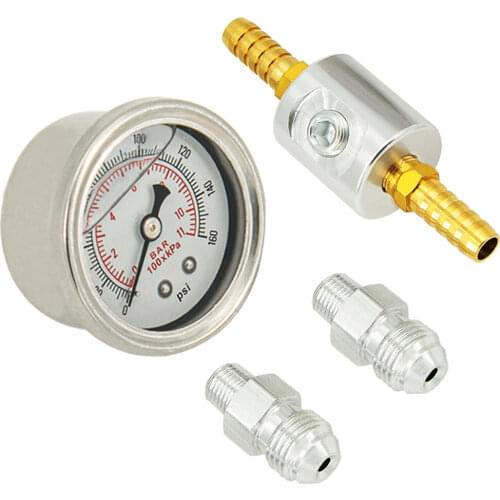 Universal 1/8 NPT Fuel Pressure Gauge Liquid Filled Polished Case 0-160 psi and adaptor kit For fuel injection systems
