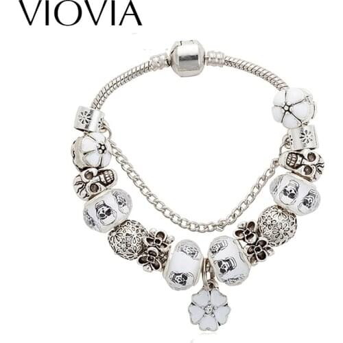 VIOVIA Jewellery European Skull Charm Bracelets For Women Silver Color Chain Bracelets & Bangles DIY Jewelry Pulseras B16004