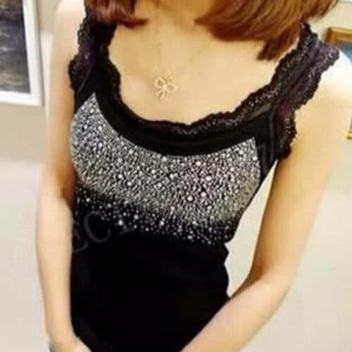 Women Sexy Rhinestone Lace Stunning Based Sleeveless Vest Tank Top Tee T-Shirt Camisole Cami Shirt Slim Drop ship