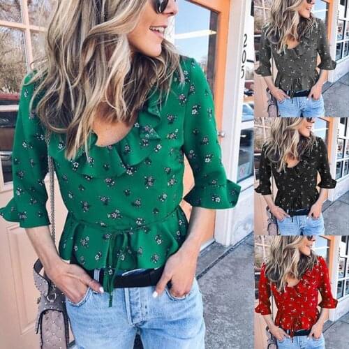 New Womens Round Neck Chiffon Small Floral Casual Shirt Top Loose Large Size Round Neck Printed Lotus Leaf Sleeve Top Shirt