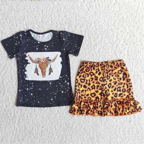 1-5 Years Kids Girl Casual Clothes Set Deer Head Print Black T-Shirt Tops Shorts Set Ruffles Short Pants Set Girls Elk Outfits