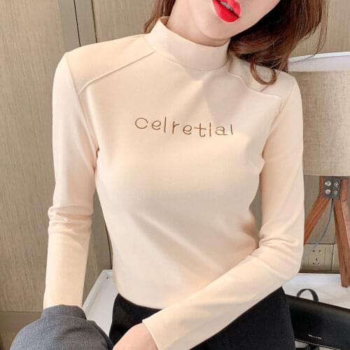 Plush Thickened Half High Collar Bottom Pullover For Womens Autumn Winter With Warm Long Sleeve T-shirt Slim Top Letter