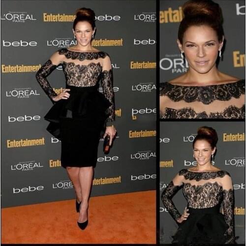 Sexy Little Black Short Party Dresses Lace Knee Length Satin Peplum Long Sleeves Zuhair Murad Celebrity Evening Dresses Coc