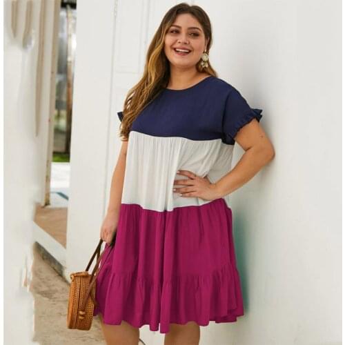 Summer Dress Oversized Medium-Length Cotton Loose And Comfortable Large Size Women Short-Sleeved Stitching Beach Lotus Leaf Robe