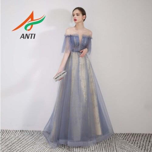 ANTI Women Lavender Purple Short Sleeve Evening Gowns 2019 Long Elegant Formal Party Gowns Tulle A line Celebrity robe de soiree