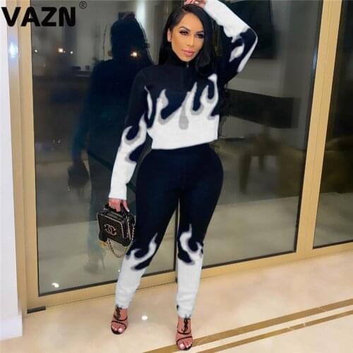 VAZN 2021 Casual Daily Long Sleeve Print Pleated Chic Ladies O-neck Sexy High Street Set Sport Women Young Energetic Set