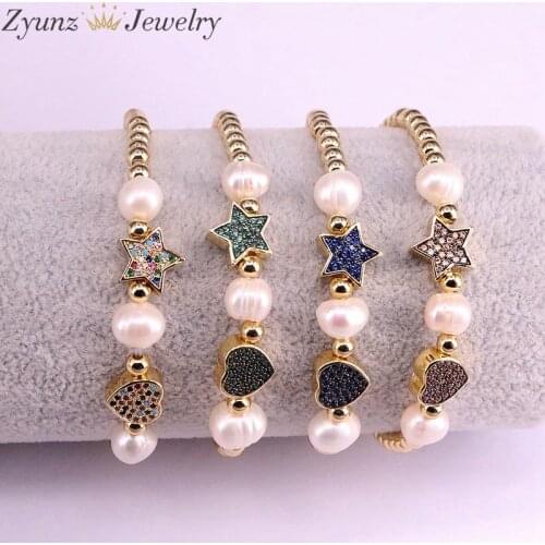 5PCS, Fashion For Ladies Decorate CZ Micro Pave Spacer Jewelry Elegant Freshwater Pearl and Copper Beads Bracelet