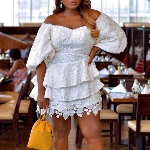 African Lace Dresses For Women Off The Shoulder Ruffles Patchwork Fashion New Puff Sleeve Sexy Elegant African Office Lady Dress