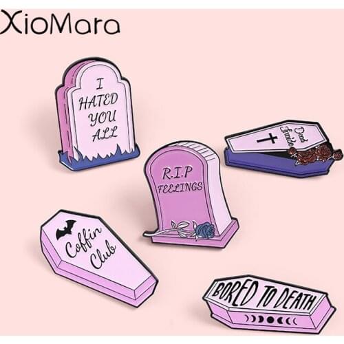 Purple Coffin Tombstone Enamel Pins RIP Punk Brooches Badges Clothes Bag Pins Jewelry Gift for Friends