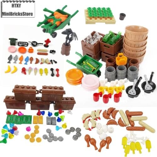 MOC City Accessories Banana Hot Dog Food Toy DIY Model Building Blocks Cart Treasure Chest Toys For Children Gifts Citys Bricks