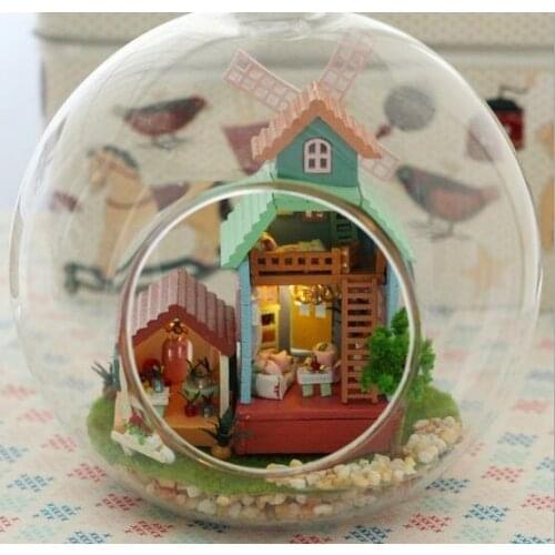 DIY glass ball doll House wooden model houses with lights assembling toy kit free shipping