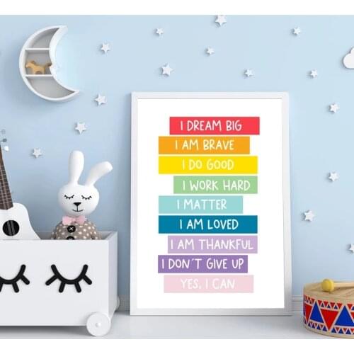Kids Positive Affirmation Art Poster Mindfulness Prints Confidence Quotes Canvas Painting Wall Art Pictures Baby Kids Room Decor
