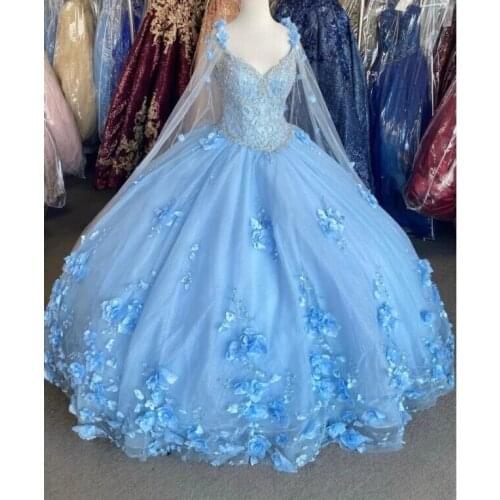 Sky blue Quinceanera Dresses With cape Sequins Beads 3D Flowers Backless Sweet 16 Dress Princess Ball Gown Vestidos De 15 Años