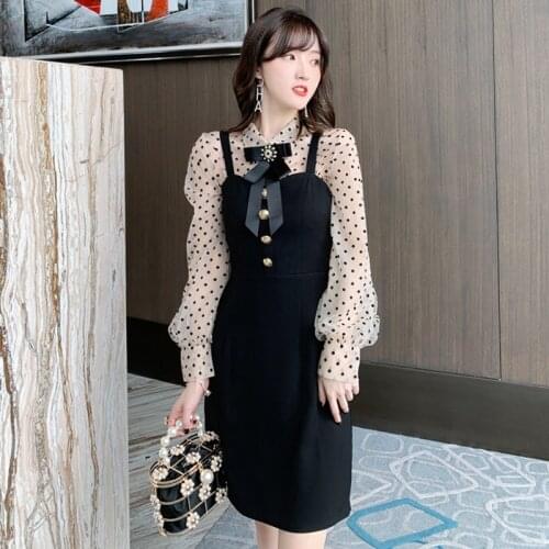 Fashion new arrival spring thick warm fresh women sets perspective dot shirt and strap mini a-line dress cute elegant women sets