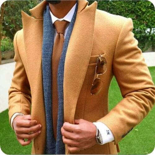 Tan Brown Tweed Men Suits Jacket Slim Fit Peaked Lapel Casual Coat Suits Two Button Autumn/Winter Mens Blazer Masculino