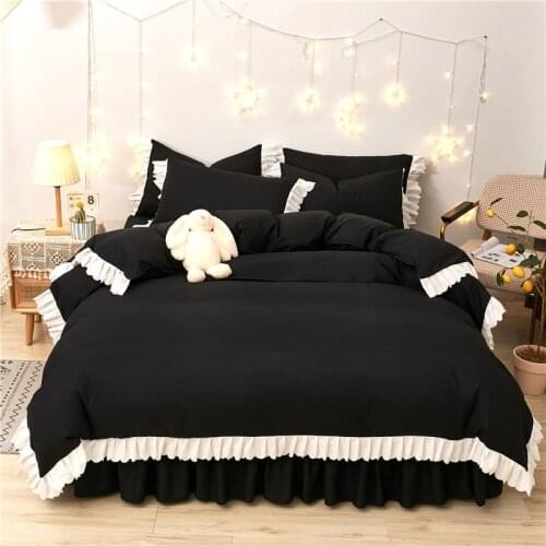 4pcs White Lace Bedding Set Duvet Cover Bed Skirt Soft Ruffles Flat Sheet Princess Bed Cover Linens Quilt Cover King Queen Size