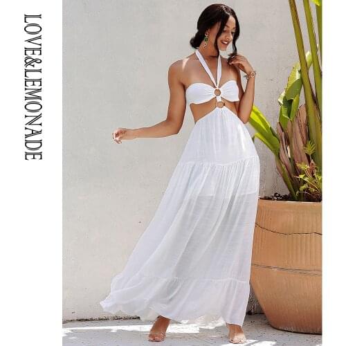 LOVE&LEMONADE Sexy White Tube Top Cut Out Strap A-Line Beach Maxi Dress LM83446