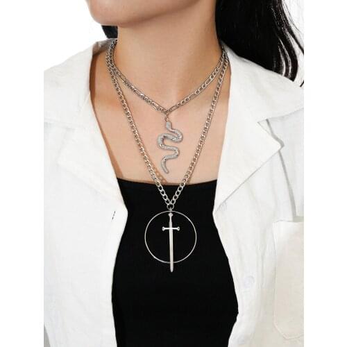 Metal 2Pcs Punk Silver Color Chain Snake Pendant Necklace for Women Hip Pop Sward Geometric Couple Fashion Jewelry Gift Collier