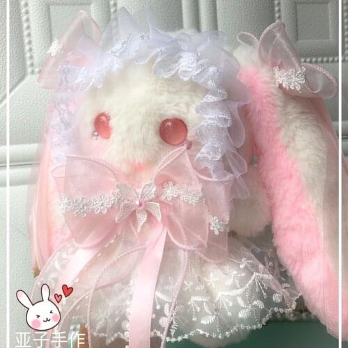 3 Colors Cute Lolita Bunny Bag Small Rabbit Purse Soft Plush Doll Lop Girl Synthetic Pearl Chain Bows Lace Blue Purple Pink Eyes