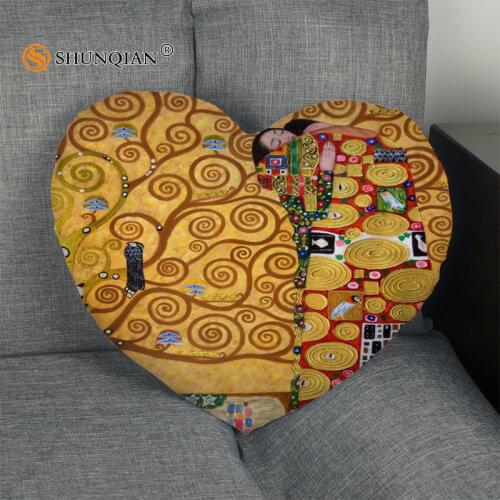 Gustav Klimt The Kiss Heart Shape Pillow Cover Size 41x36cm,47x42cm Custom Zipper Pillow Cases New Years Pillowcase Decorative