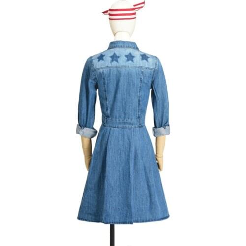 2020 New Denim Dress Women Fashion Five-pointed Star Pattern Slim Turn Down Collar Casual Dress Autumn Business A-Line Vestido
