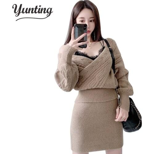 New 2020 Winter Knitted 2 Pieces Set Women Sexy V Neck Soft Pullover Sweater and Skinny Skirt Female Sweater Suits Set