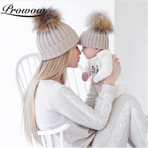 PROWOW Hot Selling 2Pcs Family Matching Hats Winter Knit Warm Soft Beanie Mommy and Me Hat Hairball Baby Cap Boy Girl Hats