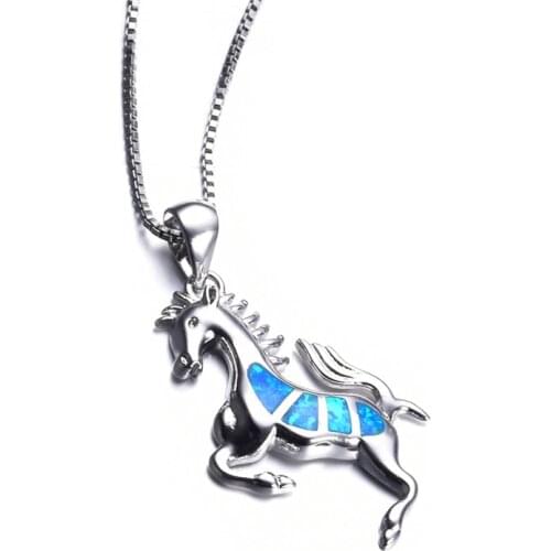 Luxury Blue Opal Big Horse Pendants Necklaces For Women Wedding Engagement Jewelry Vintage Fashion Silver Color Chain Necklace