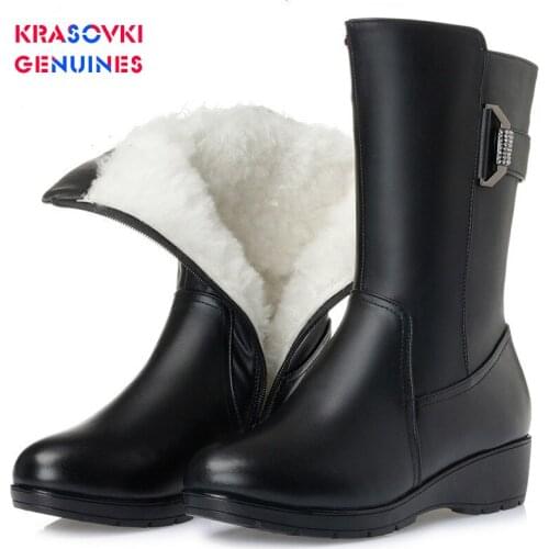 Krasovki Genuines Wool Women Snow Boots Warm Fur Warm Shoes Genuine Leather Plush Med Boots Platform for Women Winter Boots