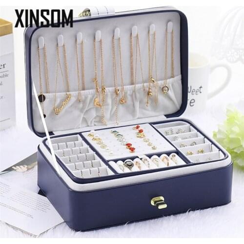 XINSOM PU Leather Double Layers Jewelry Box High Capacity Necklace Earrings Rings Jewelry Packaging Display Box Christmas Gift