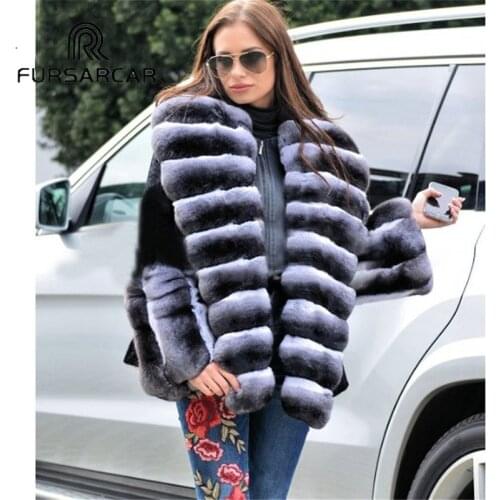 FURSARCAR Luxury Winter Rex Rabbit Fur Jacke For Women Fashion Natural Rex Rabbit Fur Coat Warm Big Turndown Fur Collar