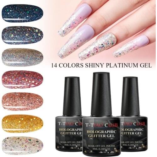 T-TIAO CLUB Glitter Effect Platinum Nail Gel Polish Varnish UV LED Soak Off Base Coat Top Coat Nail Art Manicure Decorations