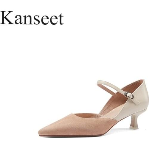Kanseet New Women Pumps Patchwork Genuine Leather Fashion Handmade 2021 Spring Autumn Pointed Toe Buckle Strap Thin Heels Shoes