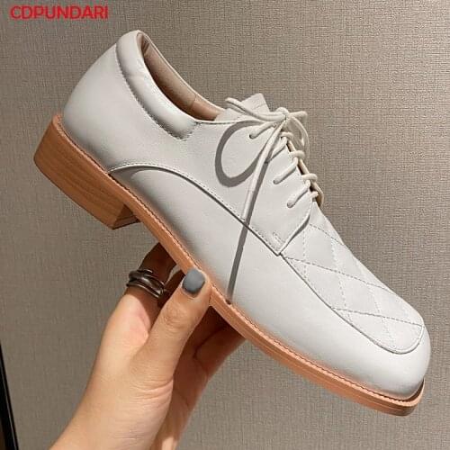 Fashion Square Toe Genuine Leather Flat Shoes Women Loafers Summer Lace Up Casual Flats Zapatos Casuales De Mujer Zapatos Planos