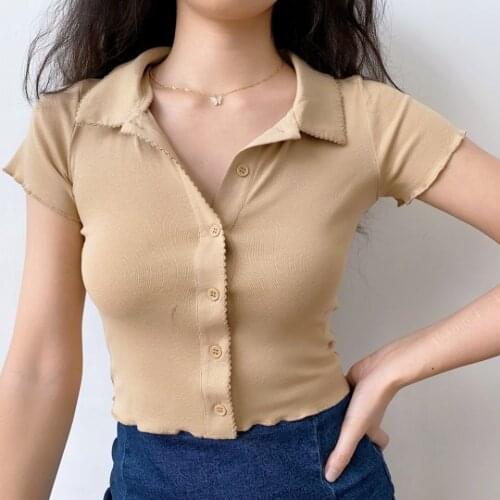 Women T-shirt New Summer Casual Vintage Knitted Short Solid Turn-down Collar Skinny Classic Women Tops Simple Euro-America Style