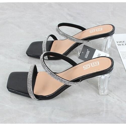Womens sandals 2021 summer new high heel diamond Pu one line with black versatile Fashion Sandal 6.5cm 36-41