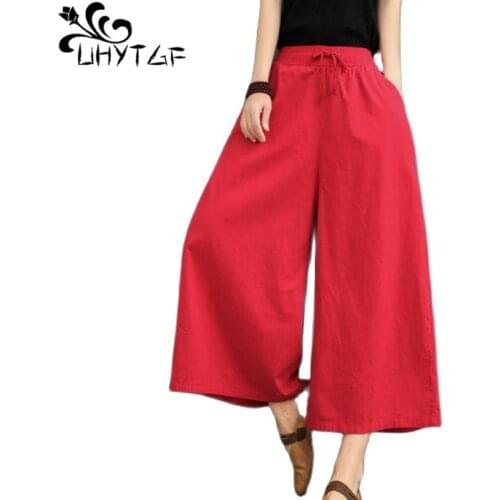 UHYTGF Womens Pants Elastic High Waist Cotton Linen Thin Wide Leg Pants Casual Summer Trousers Female Plus Size Sweatpants 2188
