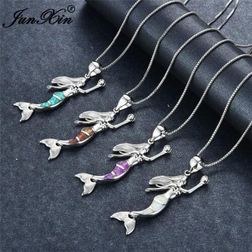 Boho Female White Opal Pendant Necklace Dainty Silver Color Wedding Necklaces For Women Cute Zircon Mermaid Chain Necklaces