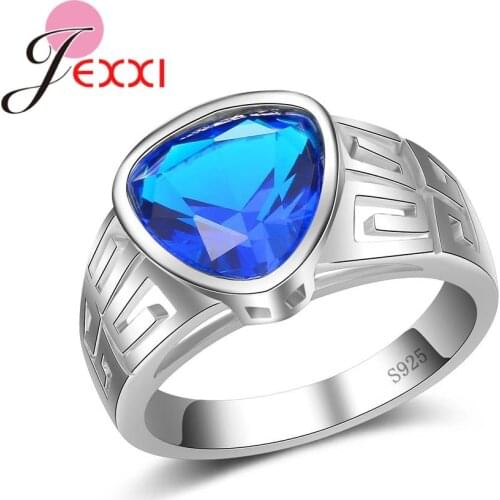 Genuine 925 Sterling Silver Wide Geometric Hollowing Design with Crystals Finger Rings For Women Engagement Jewelry