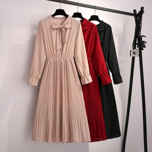 Women Chiffon Dress 2020 Spring Summer New Fashion Female Long Sleeve Solid Casual Pleated Dresses Elegant A-line Long Vestidos