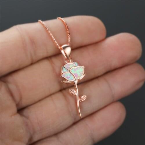 Vintage Female Purple Opal Pendant Necklace Charm Rose Gold Color Chain Necklaces For Women Cutr Bride Flower Wedding Necklace