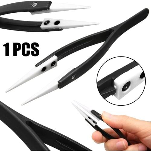 1pc Black Plastic Tweezer Ceramic Tipped Fine Pointed Tips with Heat Resistance 130x10mm