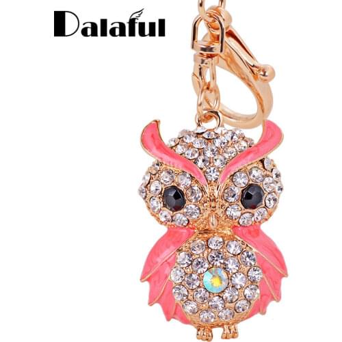 Dalaful Lovely Enamel Owl Key Chains Rings Holder Amazing Rhinestone Purse Bag Buckle Pendant For Car Keyrings KeyChains K287