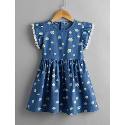 FOCUSNORM Summer Kids Girls Holiday Dress Outfits 2-7Y Sunflowers Printed Ruffles Short Sleeve A-Line Dress