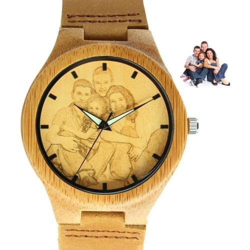Personality Custom Photo Watch Wooden Watch for Men/Women Genuine Leather Quartz Wristwatches Special DIY Gift for Lover Clock