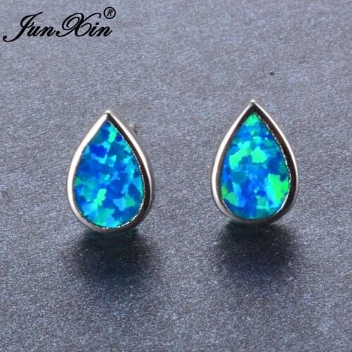 JUNXIN Water Drop Design Blue Fire Opal Earring Female Stud Earrings Silver Color Double Sided Earrings For Women