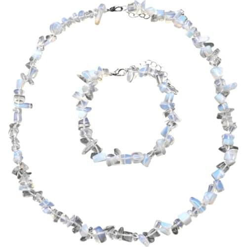 Transparent Opal Crystal Necklace Bracelet Set for Women Freeform Opalite Beads Strand Choker Jewelry Set Chain Bangle Gift A941