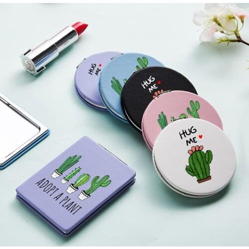 Cartoon Funny Cactus Fashion Mini Makeup Mirrors with 2 Face Magnifying Cosmetic Pocket Compact Vanity Mirror Facial Care Tools