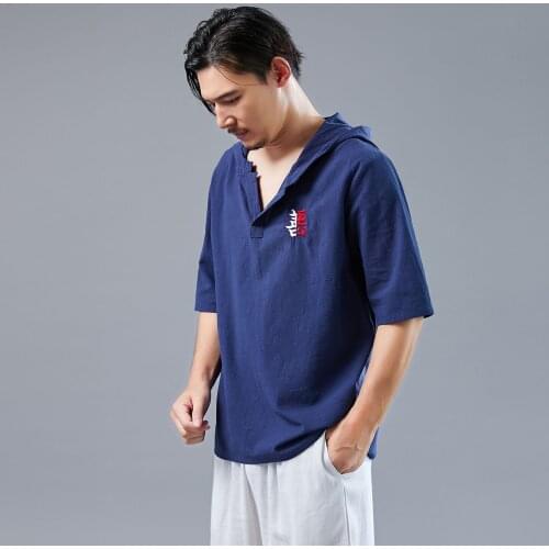 Men SweatshirtsLinen Embroidery Short Sleeve Hoodie Sweater Casual Jogger Running Workout Athletic Yoga Tai Chi Shirt Activewear