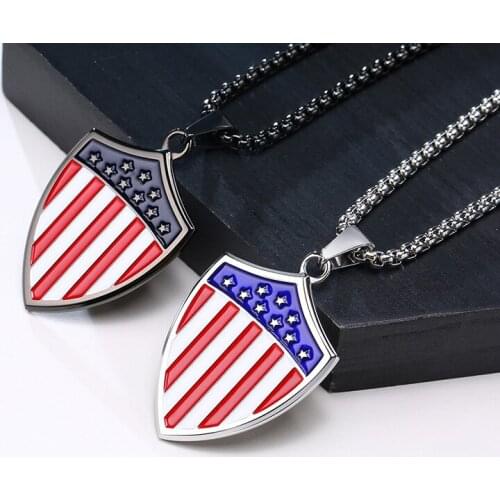 Shield American Flag Stainless Steel Pendant Necklace for Men